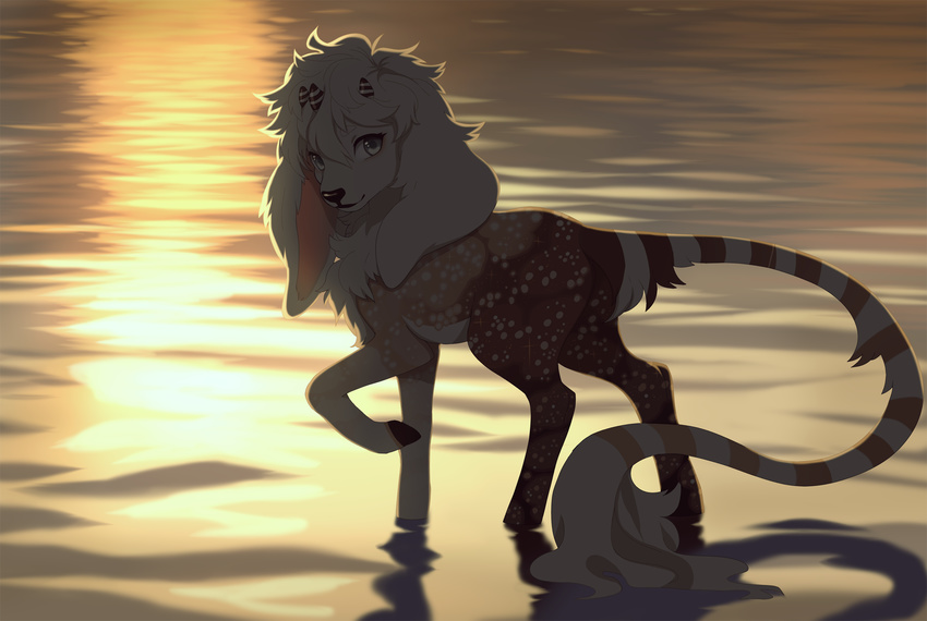 akitamonster ambiguous_gender blue_eyes brown_fur feral fur hair hooves horn hybrid outside partially_submerged reflection solo spots spotted_fur standing water white_hair