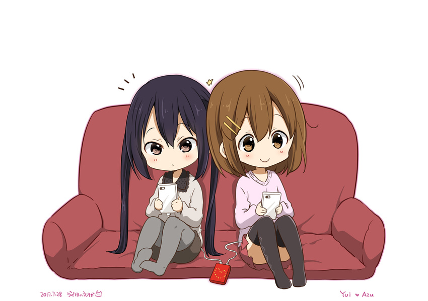 :o black_hair black_legwear blush brown_eyes brown_hair cellphone character_name couch dated english eyebrows_visible_through_hair grey_legwear hair_ornament hairclip hirasawa_yui k-on! long_hair looking_away multiple_girls nakano_azusa open_mouth phone ragho_no_erika red_skirt short_hair signature sitting sketch skirt smartphone smile thighhighs twintails