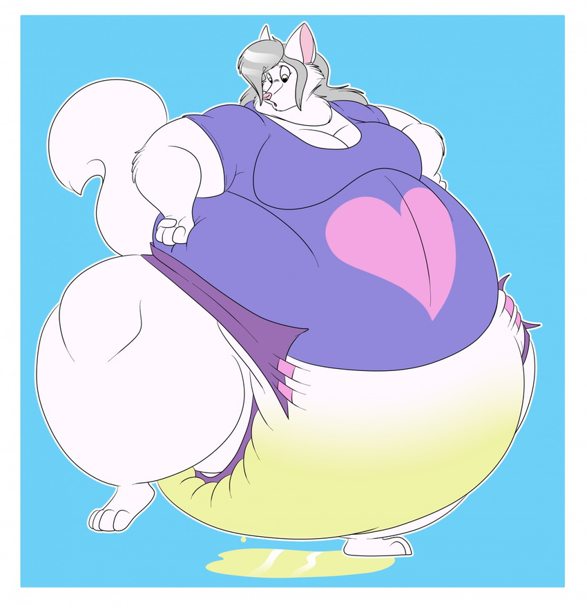 belly big_belly big_breasts breasts canine cleavage clothed clothing codymcdowd diaper female fox fur grey_hair hair mammal urine watersports wet_diaper white_fur