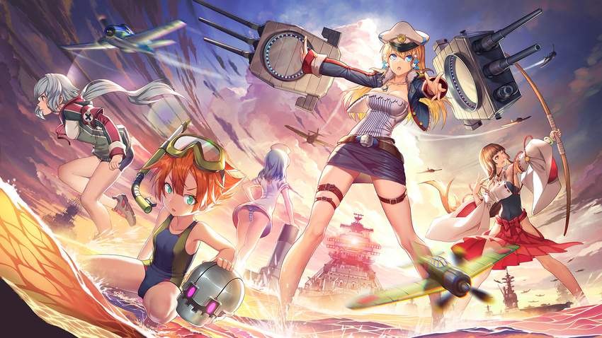 aircraft aircraft_carrier ass blonde_hair blue_eyes breasts brown_hair character_request cloud f8f_bearcat flying green_eyes hat highres hip_vent long_hair madyy medium_breasts military military_vehicle multiple_girls orange_hair panties ship silver_hair skull sky small_breasts swimsuit thigh_strap turret underwear warship warship_hime water watercraft world_war_ii