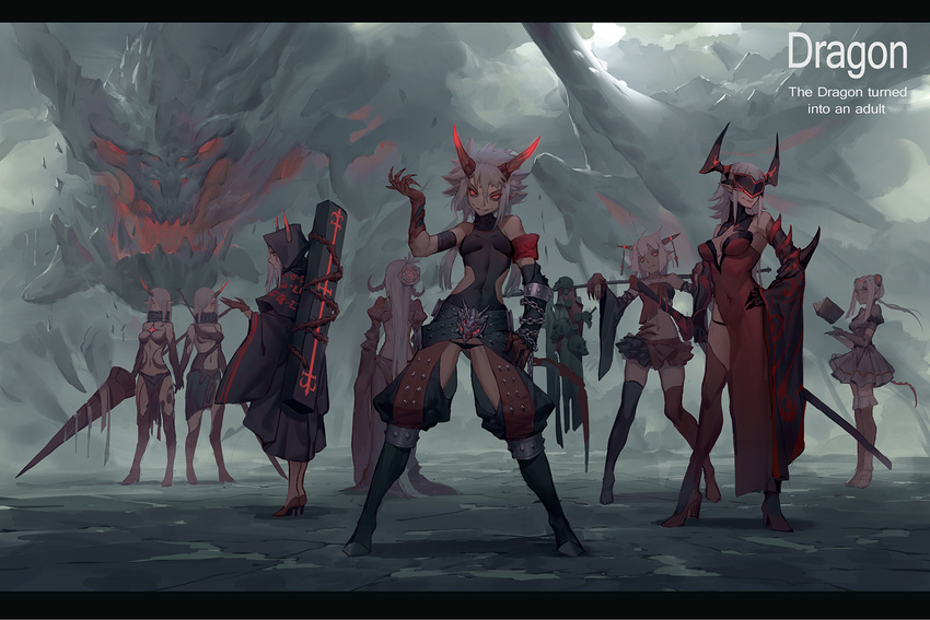 bare_shoulders black_sclera claw_(weapon) cloak covered_eyes dragon dress english flower full_body gods_(1073337800) grin hair_flower hair_ornament hand_on_hip high_heels hood hooded_cloak horn horns leotard letterboxed long_hair looking_at_viewer midriff multiple_girls original pointy_ears polearm red_dress red_eyes revealing_clothes scythe short_hair smile spear standing thighhighs very_long_hair weapon wind