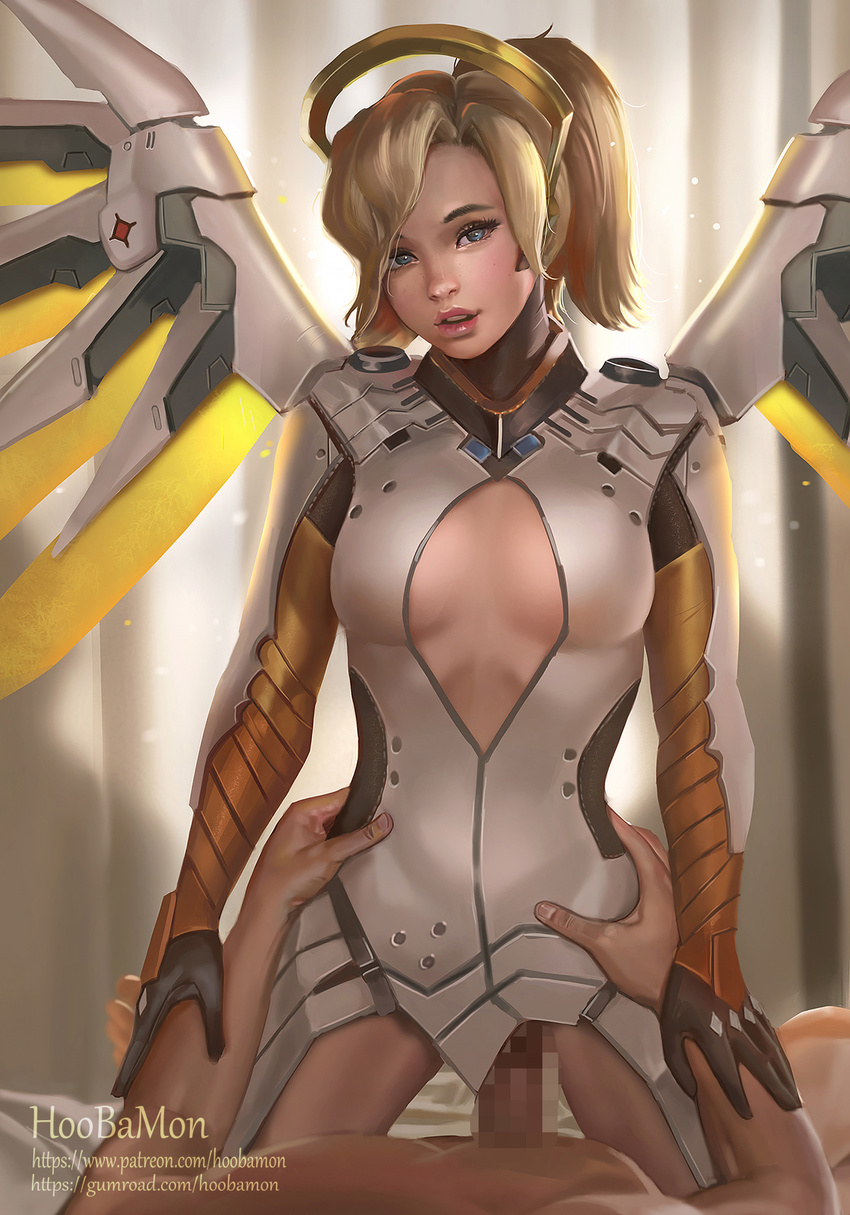 1girl artist_name backlighting blonde_hair blue_eyes blurry blurry_background bodysuit bottomless breasts censored cleavage_cutout clothed_female_nude_male cowgirl_position faulds freckles girl_on_top glowing glowing_wings hands_on_another's_hips hetero high_ponytail highres hoo_bamon indoors light_particles lips looking_at_viewer lying mechanical_halo mechanical_wings mercy_(overwatch) mosaic_censoring nose nude on_back overwatch parted_lips penis pink_lips realistic sex signature small_breasts straddling vaginal watermark web_address wings yellow_wings