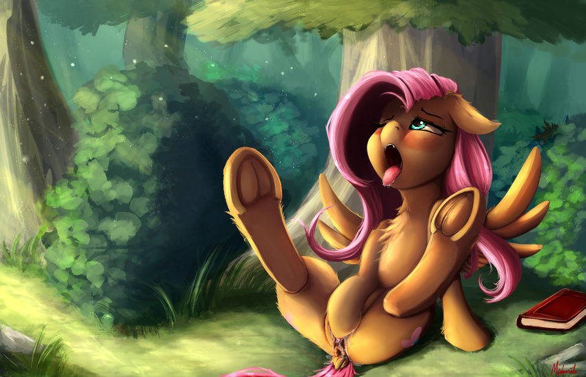 2017 anus blush book cutie_mark equine feathered_wings feathers female fluttershy_(mlp) friendship_is_magic fur grass hair hooves long_hair mammal masturbation miokomata my_little_pony one_eye_closed open_mouth outside pegasus pink_hair pussy solo spread_legs spreading tongue tongue_out tree underhoof wings