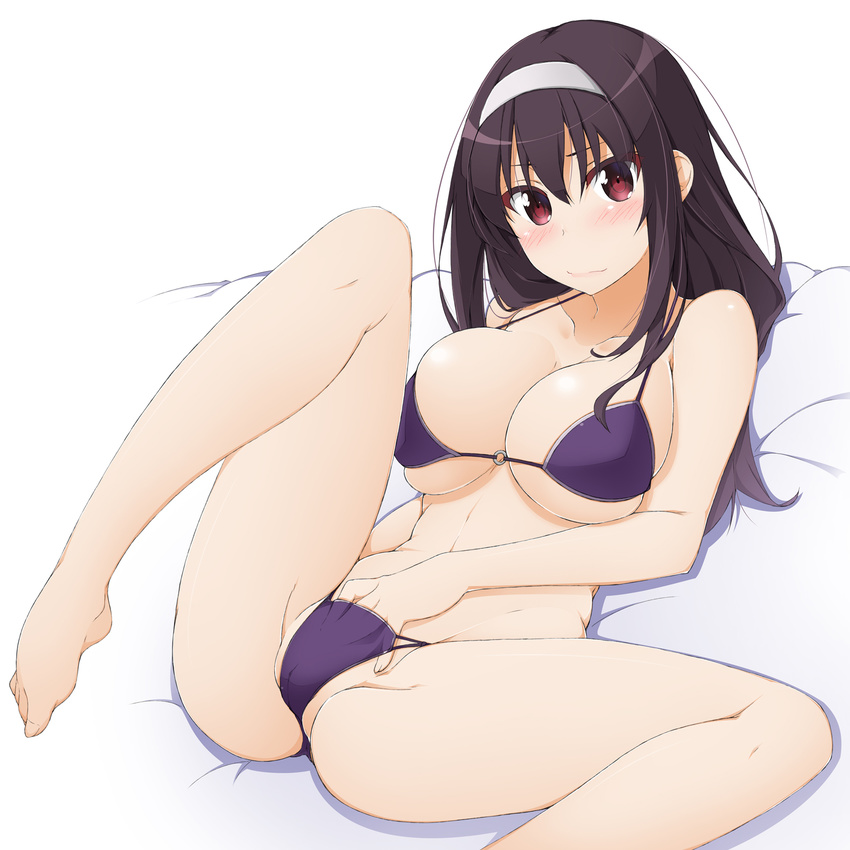 barefoot bikini black_hair blush breasts commentary_request hairband hand_under_clothes hand_under_swimsuit highres hinata_masaki kasumigaoka_utaha large_breasts long_hair looking_at_viewer multi-strapped_bikini o-ring o-ring_top partially_visible_vulva red_eyes saenai_heroine_no_sodatekata skindentation smile solo swimsuit