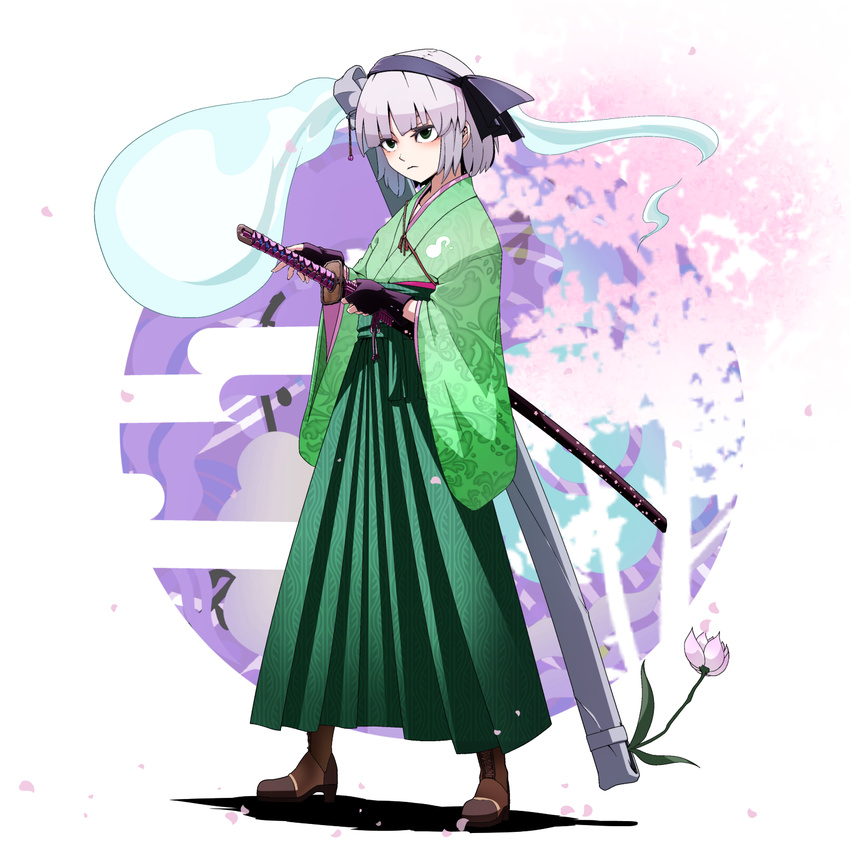 &gt;:( alternate_costume bangs black_eyes black_hairband black_ribbon blunt_bangs blush boots brown_footwear closed_mouth cross-laced_footwear flower frown full_body green_kimono grey_hair hair_ribbon hairband hakama highres japanese_clothes kikoka_(mizuumi) kimono konpaku_youmu konpaku_youmu_(ghost) lace-up_boots long_sleeves looking_away meiji_schoolgirl_uniform ribbon samurai scabbard serious sheath sheathed short_hair solo standing touhou v-shaped_eyebrows wide_sleeves