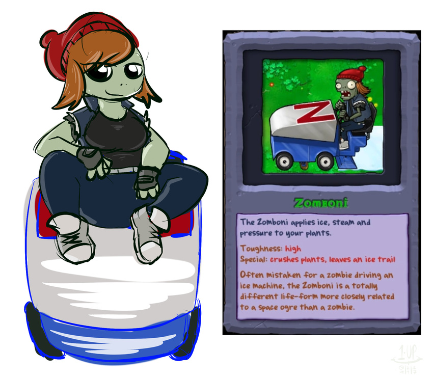 1-upclock breasts clothed clothing crossgender female hat looking_at_viewer machine plants_vs_zombies simple_background smile solo undead video_games white_background zombie zomboni