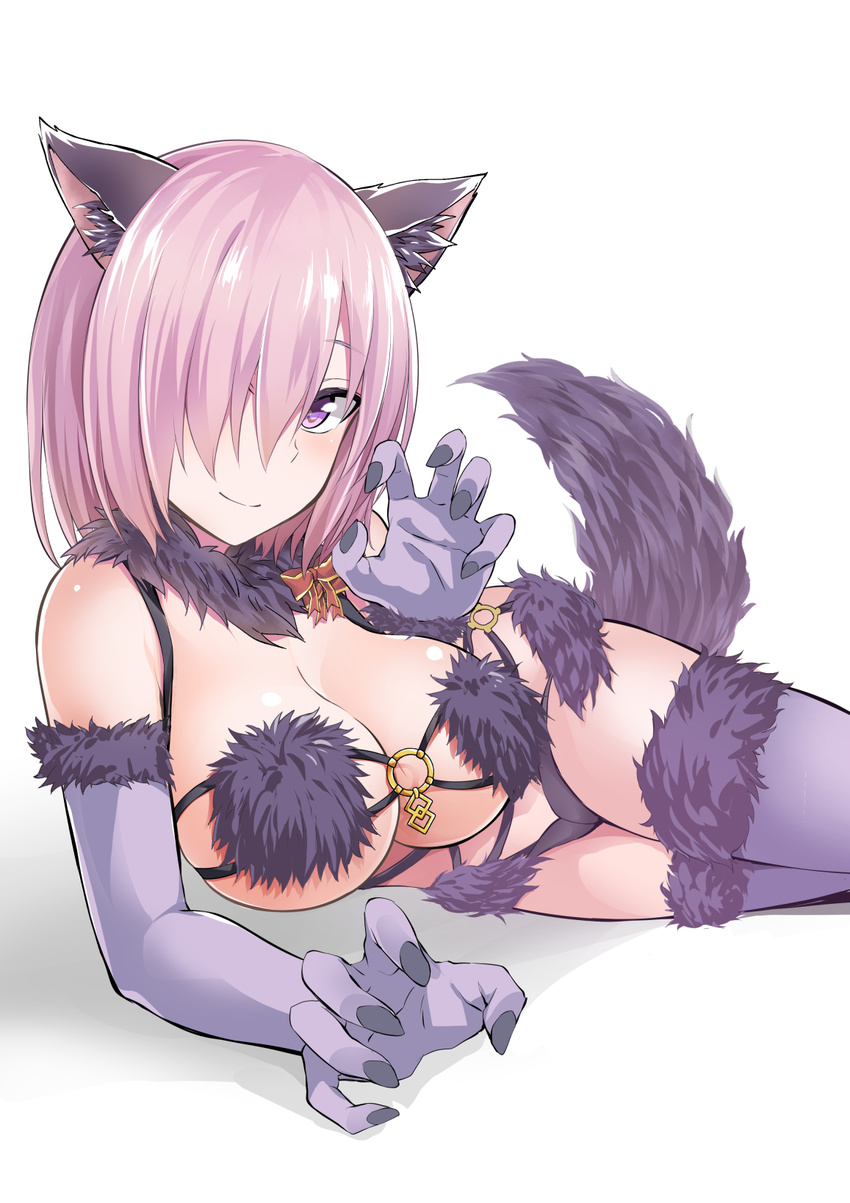 animal_ears blush breasts claw_pose commentary_request dangerous_beast elbow_gloves fate/grand_order fate_(series) fur_trim gloves hair_over_one_eye halloween_costume highres ijima_yuu large_breasts looking_at_viewer mash_kyrielight purple_eyes purple_hair short_hair solo tail thighhighs wolf_ears wolf_tail