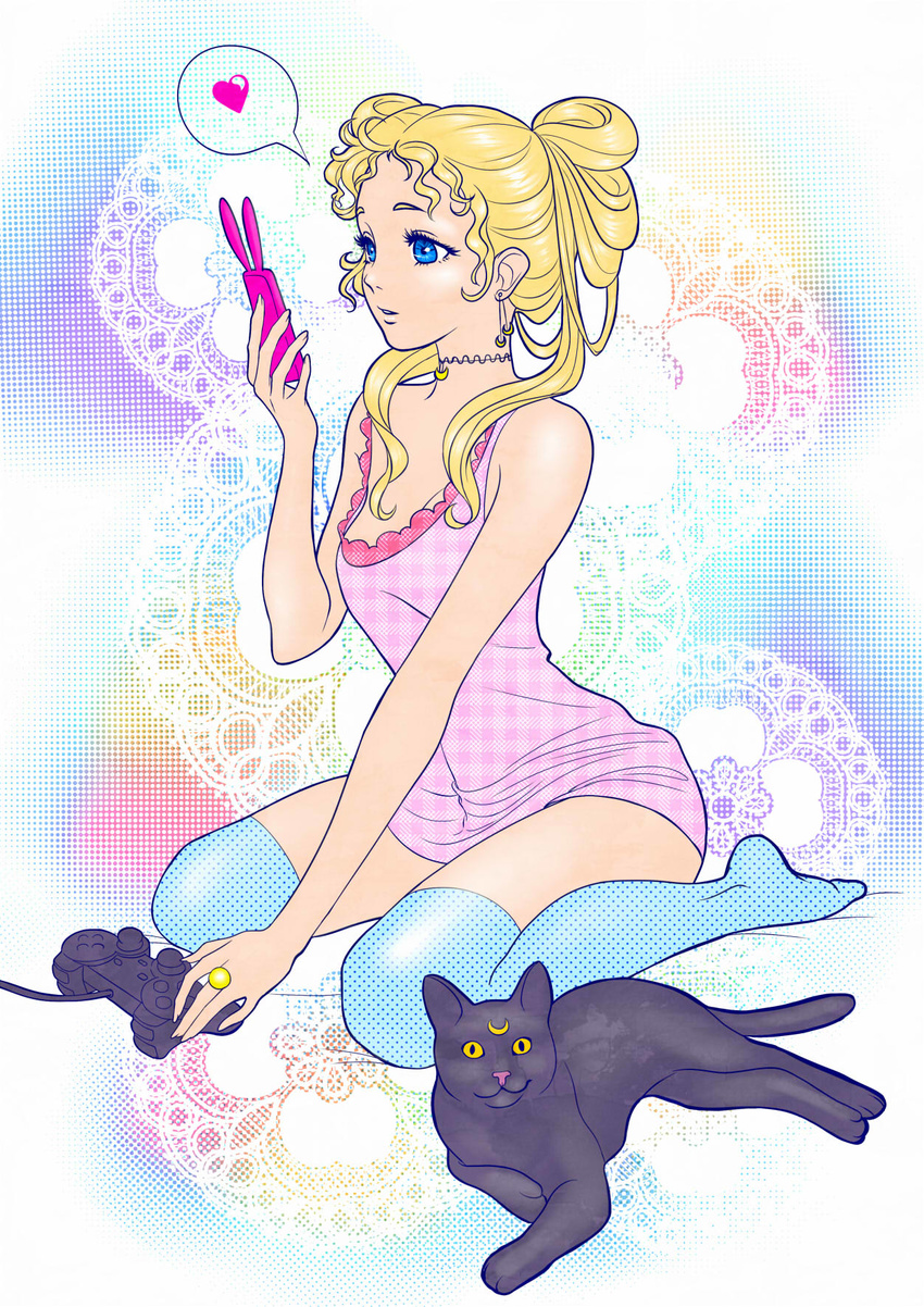 alternate_hairstyle animal bare_shoulders bishoujo_senshi_sailor_moon black_cat blue_eyes blue_legwear bottomless cat cellphone choker contemporary controller dress earrings full_body game_controller highres jewelry lace luna_(sailor_moon) no_shoes phone pink_dress ring selena_(selenchic) short_dress sitting thighhighs tsukino_usagi twintails unmoving_pattern wariza