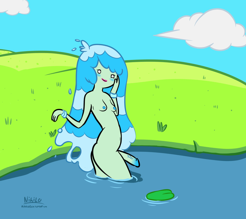 adventure_time balls blue_skin blush bottomless bracelet breasts butt cartoon_network clothed clothing denise_(adventure_time) dickgirl elemental female flaccid hair intersex jewelry long_hair nihilo nipples partially_submerged penis solo topless water water_hair water_nymph