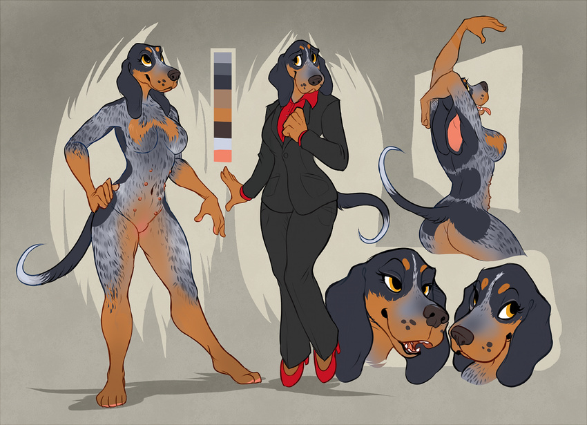 2017 anthro breasts business_suit canine clothed clothing coonhound dog female fur hoot long_ears mammal multicolored_fur nude open_mouth raised_tail smile solo suit teats teeth two_tone_tail yellow_eyes