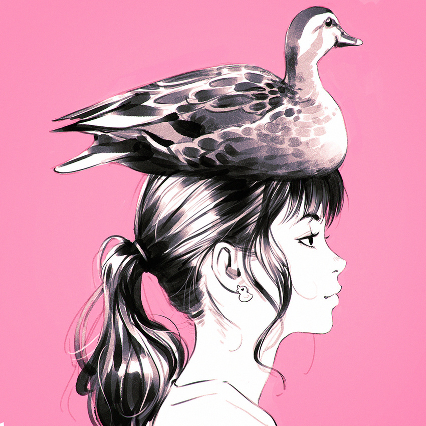 animal animal_on_head bangs bird blunt_bangs blush closed_mouth commentary duck english_commentary from_side hair_tie half-closed_eyes ilya_kuvshinov long_hair monochrome nose_blush on_head original pink pink_background ponytail sidelocks simple_background sketch smile solo upper_body