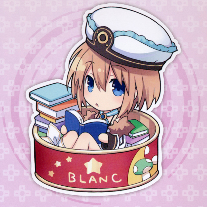 :o absurdres blanc blue_eyes book book_stack brown_hair can chibi full_body fur_trim hat highres holding holding_book in_container knees_up looking_at_viewer minigirl neptune_(series) official_art pink_background short_hair sitting solo source_request tsunako