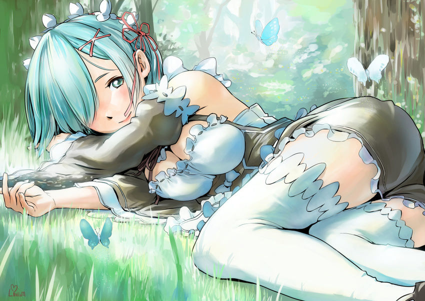 ass bare_shoulders blue_eyes blue_hair blush breasts bug butterfly cleavage closed_mouth day detached_sleeves forest grass hair_ornament hair_over_one_eye hair_ribbon half-closed_eyes insect legs li_(lithium0522) light_smile lips looking_at_viewer lying maid maid_headdress medium_breasts nature off_shoulder outdoors pink_lips re:zero_kara_hajimeru_isekai_seikatsu rem_(re:zero) ribbon short_hair smile solo thighhighs thighs white_legwear x_hair_ornament