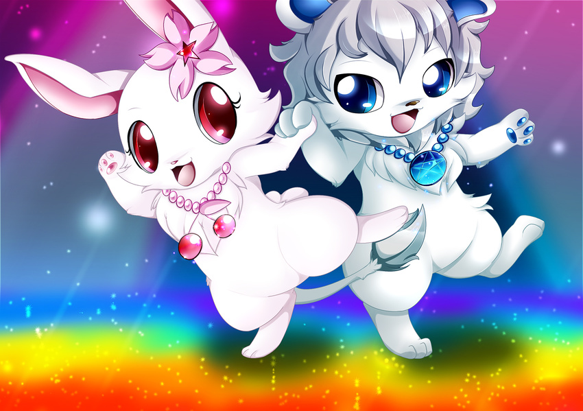 anthro blue_hair cherry_blossom chest_tuft cute dancing duo feline female fur granite_(jewelpet) hair jewelpet jewelry lion long_ears male mammal mrsorange necklace paws plant ruby_(jewelpet) sanrio semi-anthro standing tuft white_fur white_lion