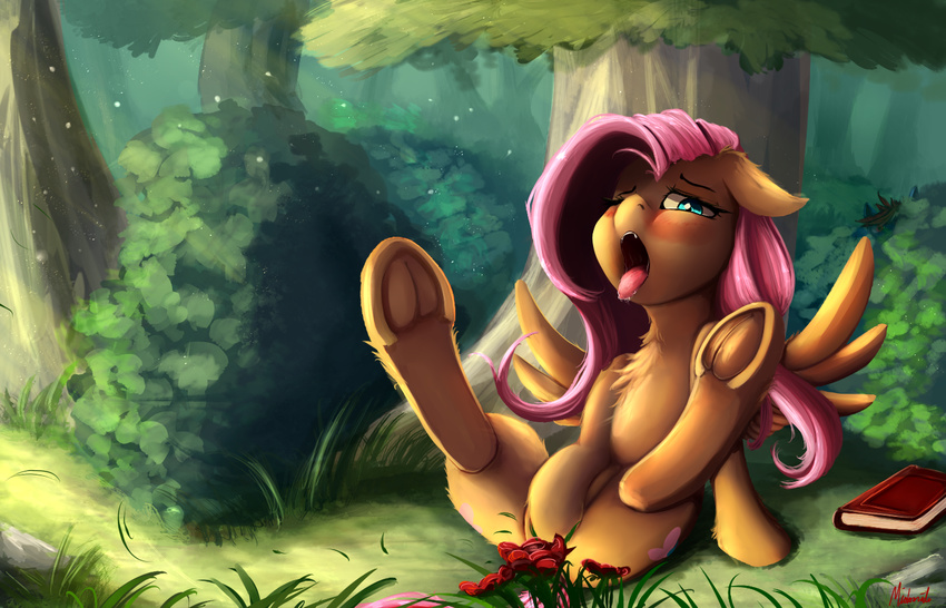 2017 blush book cutie_mark equine feathered_wings feathers female fluttershy_(mlp) friendship_is_magic fur grass hair hooves long_hair mammal masturbation miokomata my_little_pony one_eye_closed open_mouth outside pegasus pink_hair solo spread_legs spreading tongue tongue_out tree underhoof wings