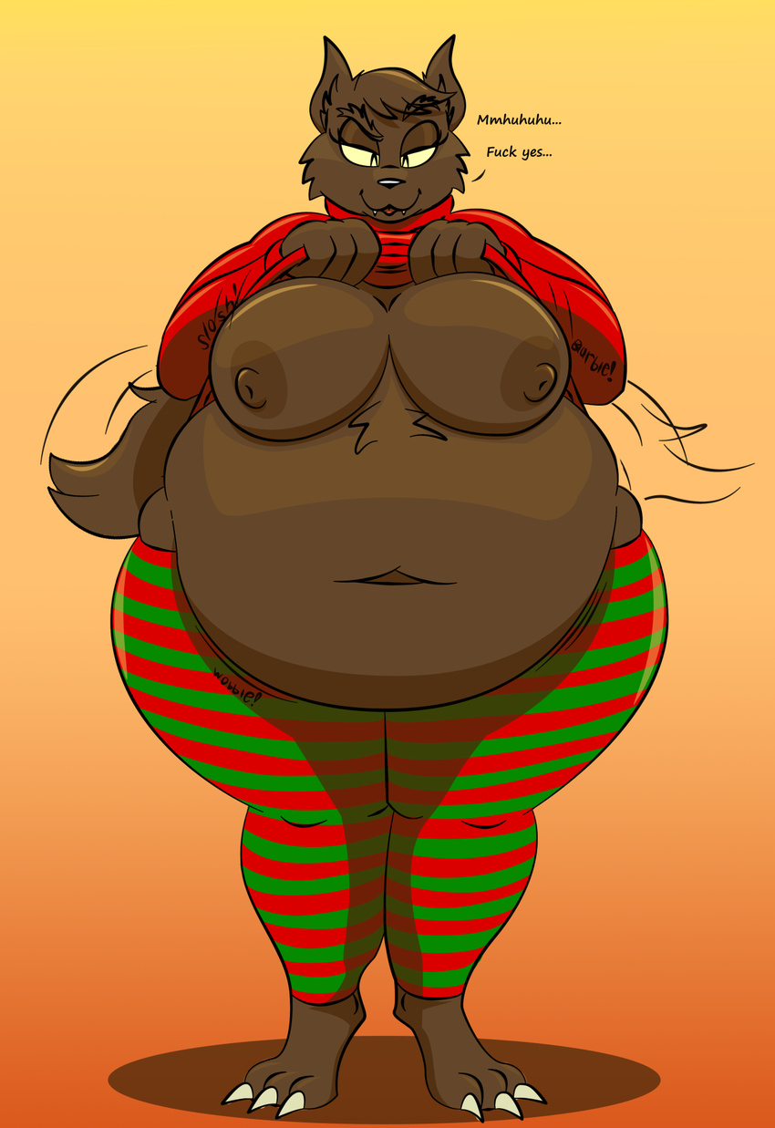 americananomaly_(artist) belly big_belly big_breasts breasts canine female hyper hyper_belly jenna_werewolf mammal nipples overweight presenting solo thick_thighs were werewolf wide_hips