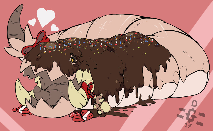 &lt;3 ambiguous_gender bow candy chocolate dannyg feral food lying on_front open_mouth plushie solo tongue tusks worm