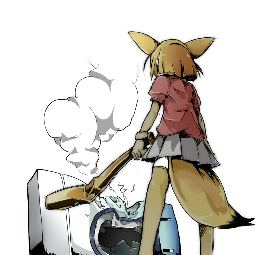 animal_ears baseball_bat blonde_hair damaged dent fennec_(kemono_friends) fox_ears fox_tail gloves highres kemono_friends lucky_beast_(kemono_friends) md5_mismatch shiuhito_(saihate) short_hair short_sleeves skirt tail thighhighs washing_machine