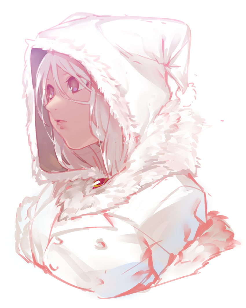 fur_collar gem highres hood jacket long_hair looking_to_the_side menea open_mouth simple_background sketch white_background white_hair