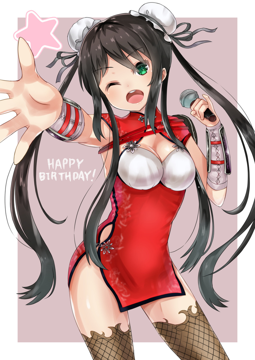 :o armpits arms_up bangs black_hair black_ribbon border breasts bun_cover china_dress chinese_clothes cleavage cleavage_cutout commentary_request cowboy_shot double_bun dress english eyebrows_visible_through_hair eyes_visible_through_hair fei_li fishnet_legwear fishnets green_eyes hair_over_breasts happy_birthday high_collar highres holding holding_microphone lavender_background lips long_hair looking_at_viewer masaki_kazusa medium_breasts microphone music one_eye_closed open_mouth outside_border outstretched_arm outstretched_hand parted_bangs pinky_out reaching_out ribbon round_teeth school_girl_strikers shiny shiny_skin side_cutout side_slit sidelocks singing sleeveless solo standing star teeth text_focus thighhighs twintails very_long_hair white_border