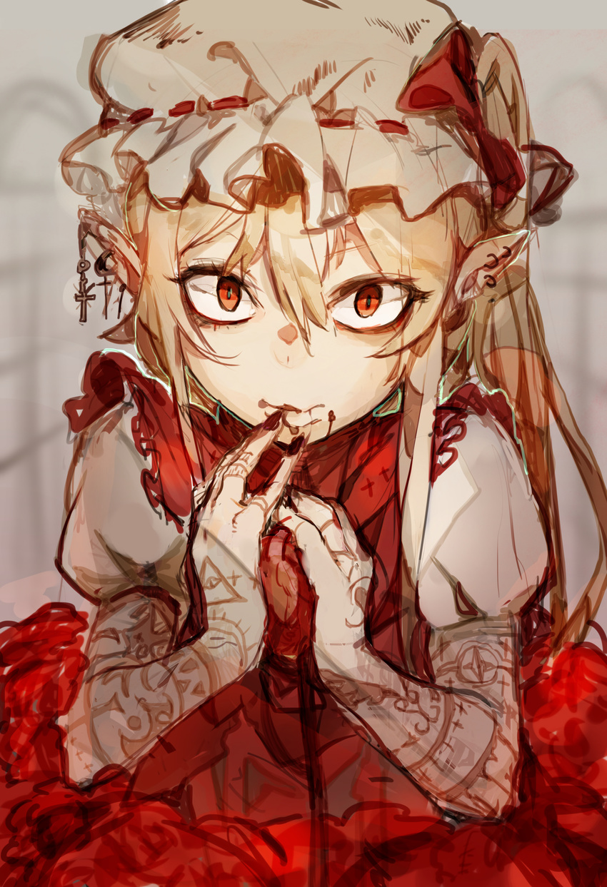 absurdres blonde_hair blood bonnet dress ear_piercing earrings flandre_scarlet highres hiranko jewelry looking_at_viewer nail_polish piercing pointy_ears red_eyes red_nails solo tattoo touhou