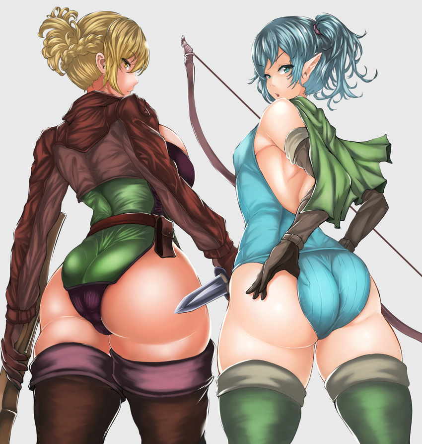 2girls arrow artist_request ass bare_shoulders blonde_hair blue_eyes blue_hair blush boots bow_(weapon) breasts capelet dagger elf from_behind gloves huge_ass jacket large_breasts leotard long_hair looking_at_viewer looking_back multiple_girls open_mouth panties parted_lips pointy_ears ponytail shiny shiny_clothes shiny_hair shiny_skin sideboob small_breasts smile thigh_boots weapon yellow_eyes