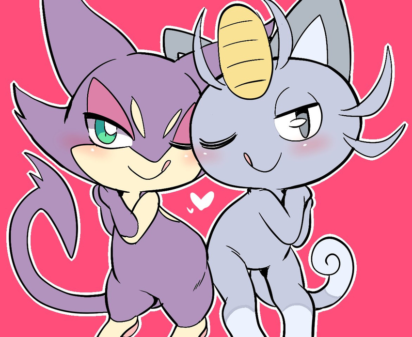 &lt;3 alolan_meowth cat cute duo feline feral fur green_eyes grey_eyes grey_fur hip_to_hip licking licking_lips looking_at_viewer mammal nintendo one_eye_closed pink_background pok&eacute;mon purple_fur purrloin regional_variant simple_background smile tongue tongue_out video_games wakasumire