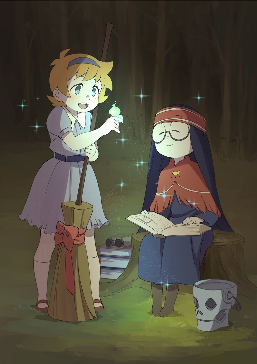 black_hair broom dress freckles glasses hairband highres little_witch_academia long_hair lotte_jansson mother_and_daughter multiple_girls open_mouth orange_hair parent_and_child short_hair skirt smile