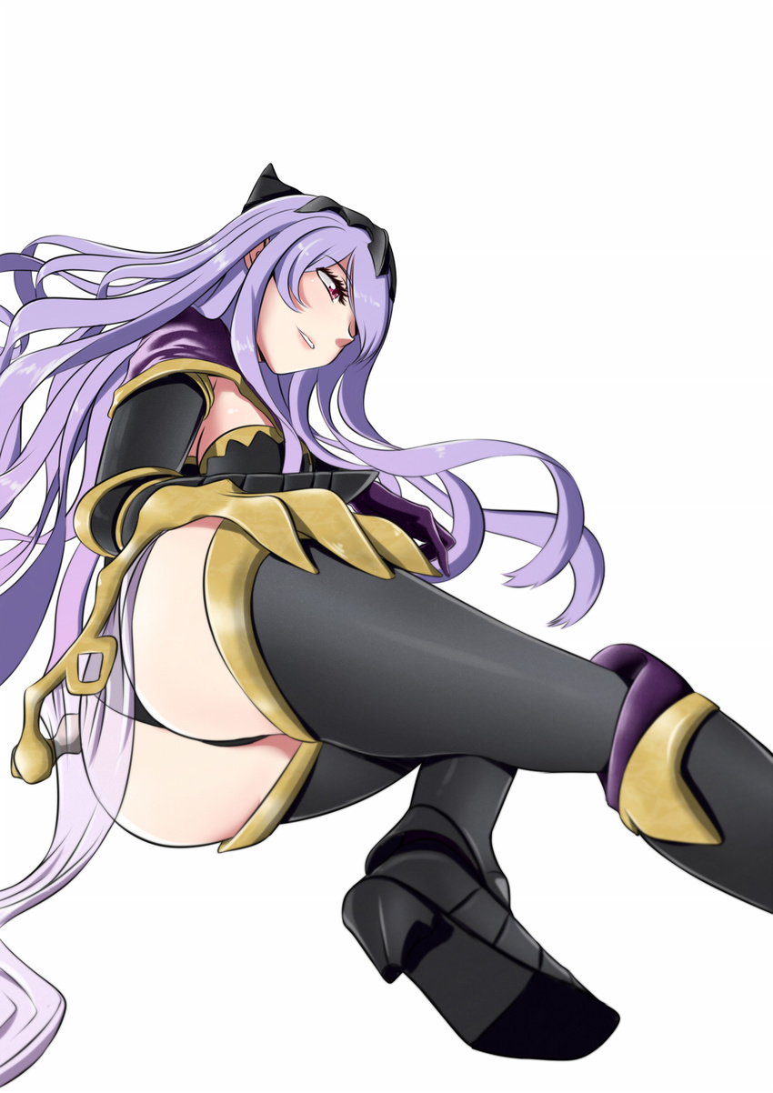 1girl armor artist_request ass boots breasts camilla_(fire_emblem_if) fire_emblem fire_emblem_if gloves hair_over_one_eye large_breasts lavender_hair long_hair lying on_side panties parted_lips purple_eyes shiny shiny_hair shiny_skin sideboob smile solo thigh_boots thighhighs