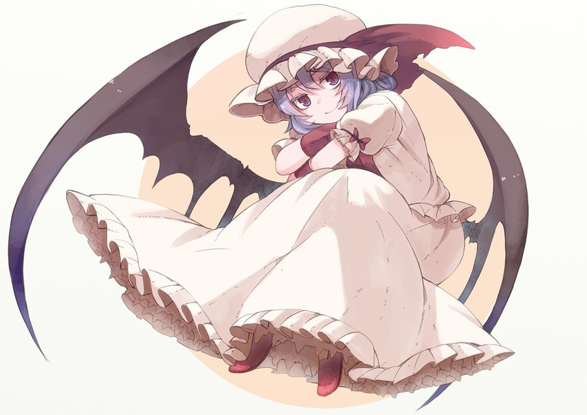 bat_wings closed_mouth crossed_arms frilled_skirt frills full_body fuurin_(omaemona) hat hat_ribbon head_tilt long_skirt looking_at_viewer low_wings mob_cap puffy_sleeves purple_hair red_eyes red_footwear remilia_scarlet ribbon shoes short_sleeves sitting skirt smile solo touhou wings wrist_cuffs