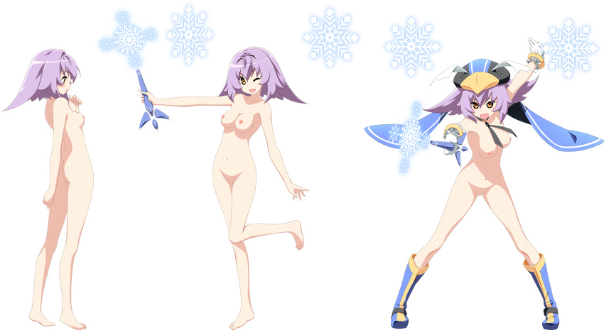 absurdres akata_itsuki ass barefoot boots full_body gloves hat highres holding holding_wand kokoro_rista! legs_apart long_hair looking_at_viewer multiple_views navel nipples nude official_art one_eye_closed open_mouth outstretched_arm purple_hair snowflakes transparent_background wand