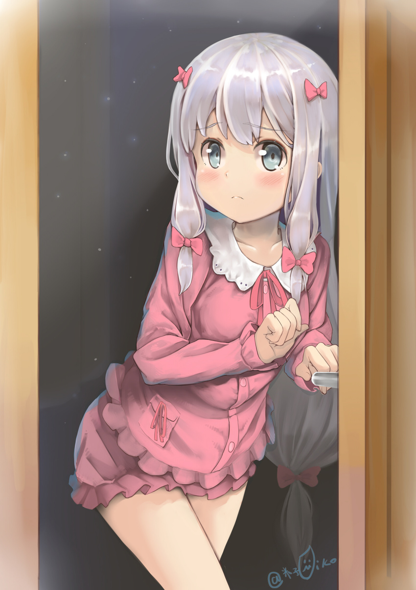 absurdres bangs blue_eyes blush closed_mouth collarbone cowboy_shot door embarrassed eromanga_sensei eyebrows_visible_through_hair frills grey_hair highres indoors izumi_sagiri light_frown long_hair long_sleeves looking_at_viewer low-tied_long_hair open_door pajamas pixiv_username silver_hair solo yonago_miko