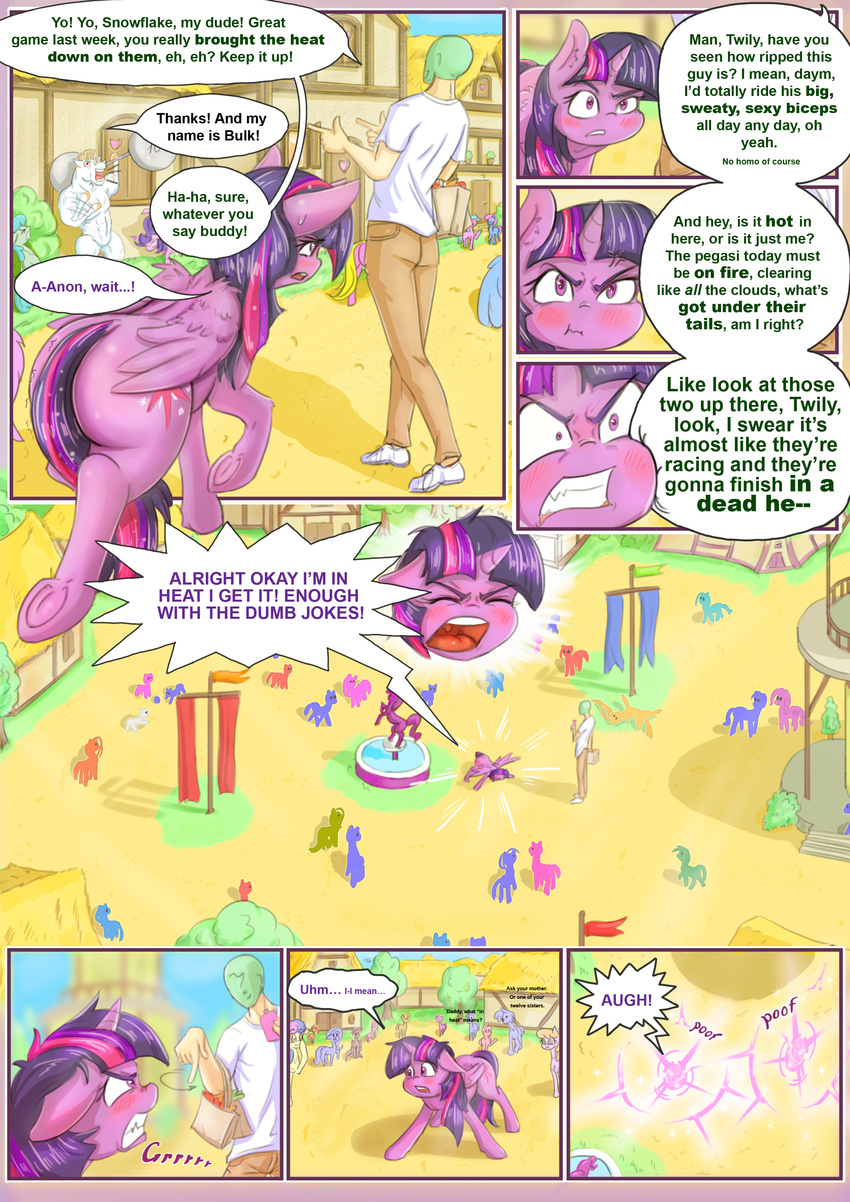 2017 absurd_res alcor90 angry anon blush bonbon_(mlp) bulk_biceps_(mlp) clothed clothing comic cutie_mark dialogue english_text equine eyes_closed feathered_wings feathers female feral friendship_is_magic glowing hair hi_res hooves horn human magic mammal my_little_pony open_mouth outside text twilight_sparkle_(mlp) underhoof winged_unicorn wings