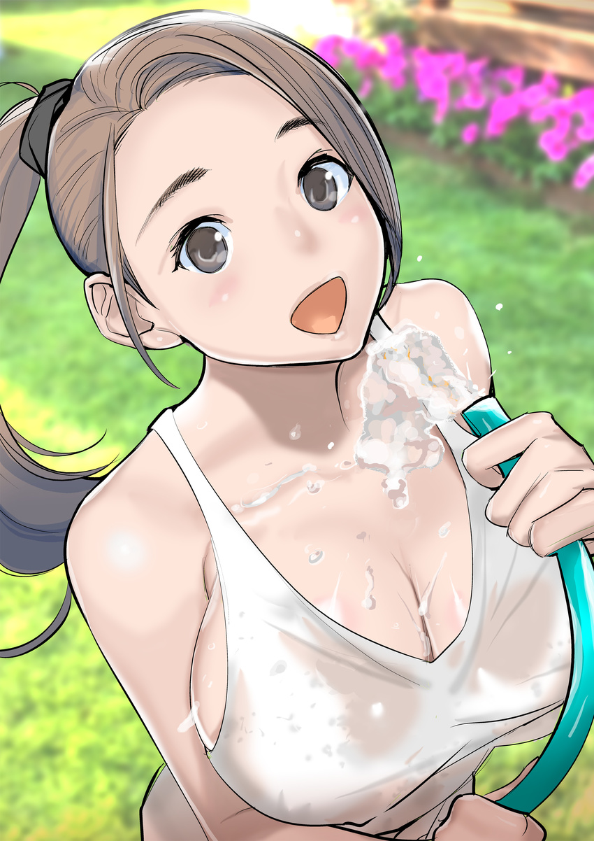 :d absurdres black_eyes breasts brown_hair dytm highres hose large_breasts long_hair open_mouth original photo_background ponytail pool_monitor_part-timer_(dytm) see-through smile solo summer tank_top water wet wet_clothes