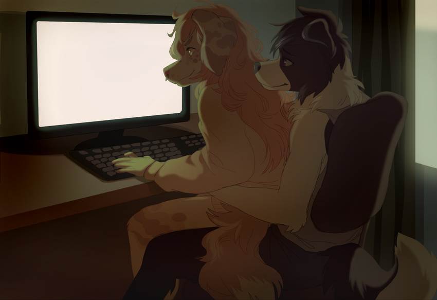 5_fingers akitamonster anthro black_fur black_nose canine clothed clothing computer detailed_background dog duo female fur inside male mammal sitting smile tan_hair white_fur