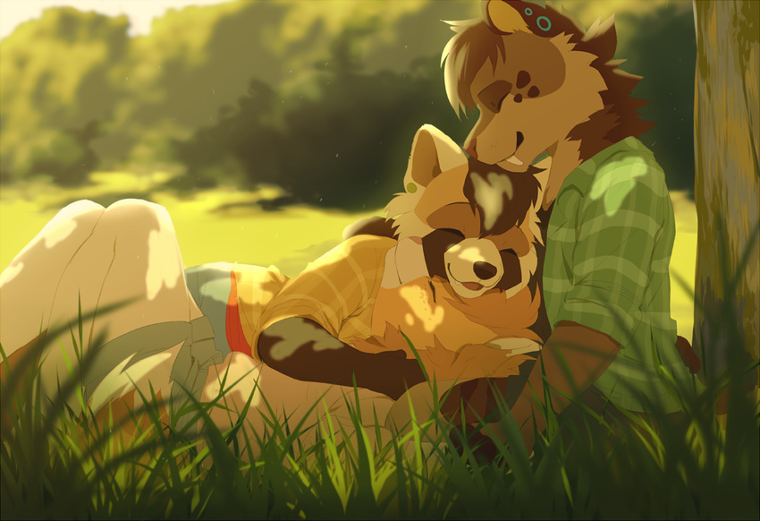 akitamonster anthro blonde_hair brown_fur brown_hair brown_nose canine clothed clothing day dog ear_piercing eyes_closed feline female fur grass hair lying male mammal outside piercing red_panda saber-toothed_cat sitting smile tan_fur white_fur