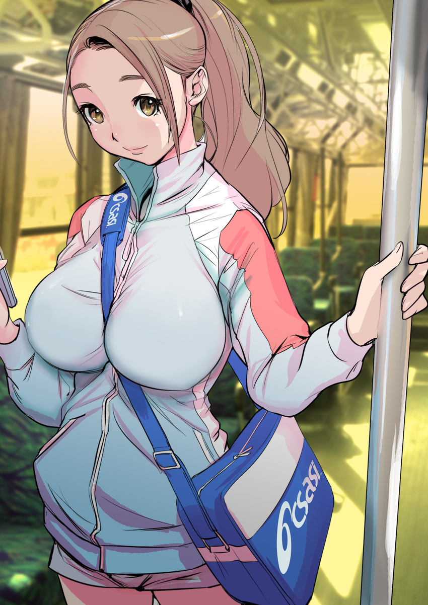 bag between_breasts breasts brown_eyes brown_hair cellphone dytm highres jacket large_breasts long_hair looking_at_viewer original phone photo_background ponytail pool_monitor_part-timer_(dytm) shorts smile solo strap_cleavage track_jacket train_interior