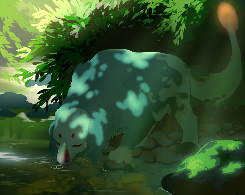 akitamonster ambiguous_gender blue_fur detailed_background drinking feral fur paws solo standing unknown_species water