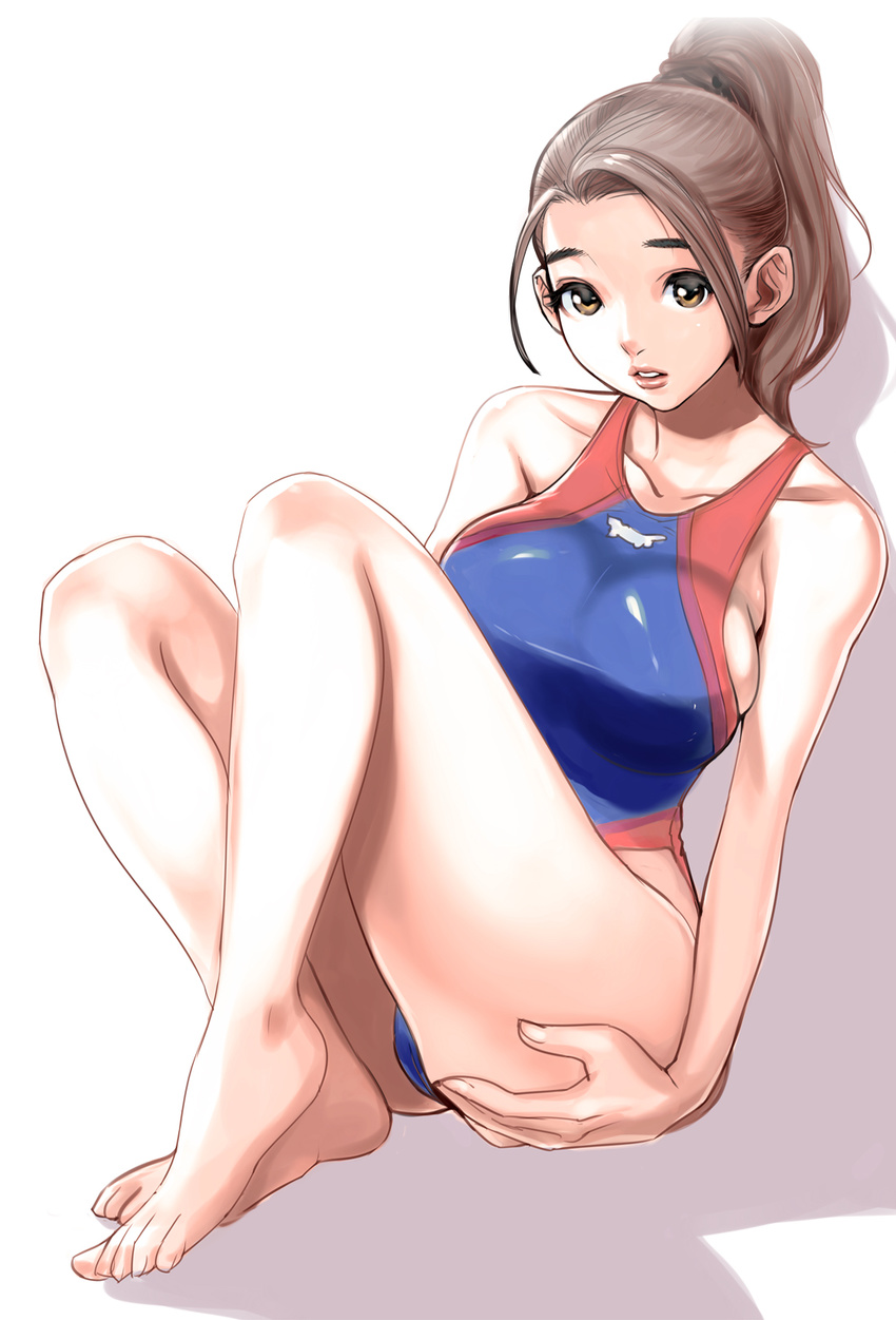 ass barefoot breasts brown_eyes brown_hair collarbone competition_swimsuit dytm full_body highres large_breasts legs lips long_hair looking_at_viewer one-piece_swimsuit open_mouth original ponytail pool_monitor_part-timer_(dytm) scrunchie sideboob sitting solo swimsuit