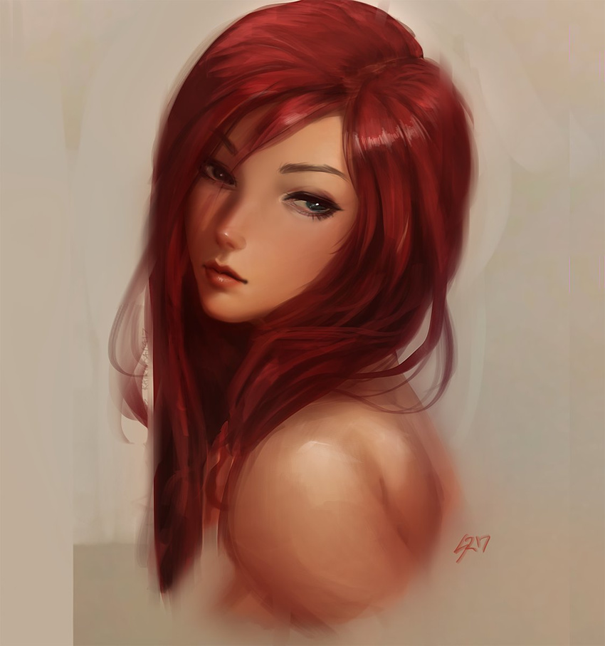 green_eyes highres lips long_hair looking_at_viewer nude original profile raikoart red_hair signature simple_background solo upper_body