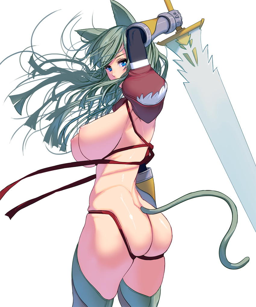 animal_ears ass blue_eyes breasts cat_ears cat_tail green_hair highres large_breasts looking_at_viewer masao nude original simple_background solo sword tail weapon white_background