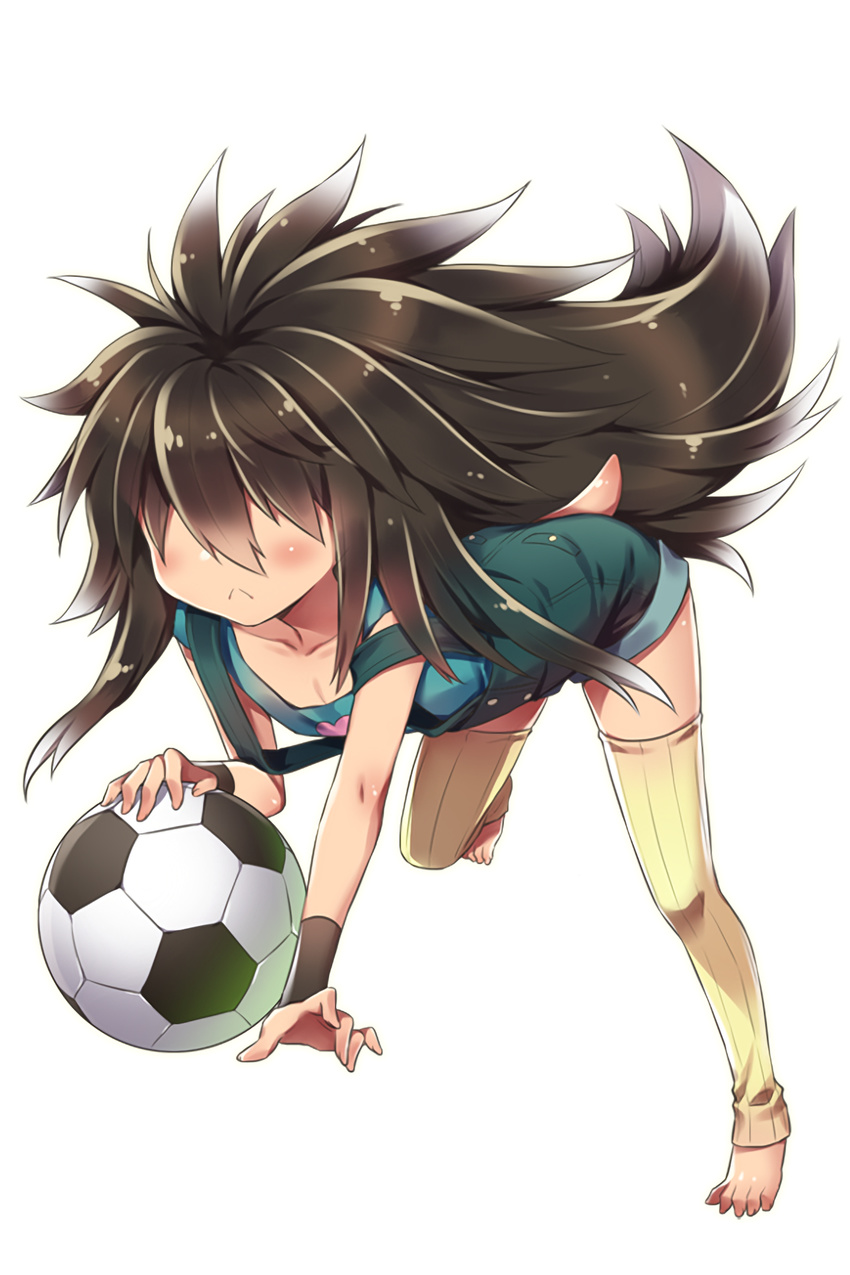 all_fours ball barefoot brown_hair dochi_(soccer_spirits) frown full_body hair_over_eyes highres long_hair male_focus manle official_art soccer_ball soccer_spirits solo striped striped_legwear suspenders transparent_background wristband yellow_legwear