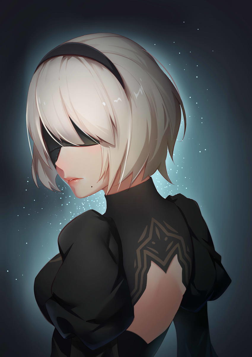 absurdres arms_at_sides back_cutout black_dress black_hairband blindfold breasts covered_eyes dress facing_viewer from_behind grey_hair hair_over_eyes hairband highres juliet_sleeves lips long_sleeves looking_back lwh medium_breasts mole mole_under_mouth nier_(series) nier_automata nose parted_lips pink_lips puffy_sleeves short_hair silver_hair solo turtleneck upper_body yorha_no._2_type_b