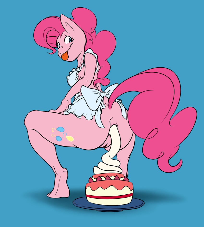 2017 anthro anus blue_background butt cake cutie_mark earth_pony equine fantasyblade female food friendship_is_magic hair horse looking_at_viewer looking_back mammal my_little_pony pink_hair pinkie_pie_(mlp) pony pussy simple_background solo tongue tongue_out what