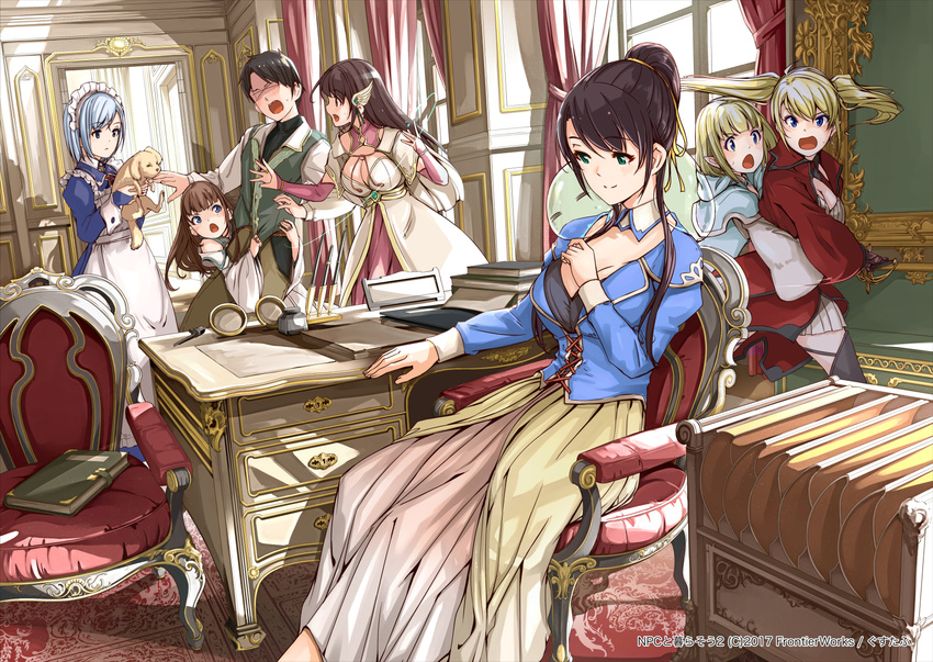 5girls :o age_difference apron bangs biting blunt_bangs blush breasts bridal_gauntlets capelet chair cleavage closed_mouth commentary_request curtains day desk dog dress gustav_(telomere_na) hair_ornament hair_ribbon height_difference highres hug indoors juliet_sleeves large_breasts long_hair long_sleeves looking_at_another maid maid_apron maid_headdress medium_breasts mirror multiple_girls npc_to_kurasou! office official_art open_mouth original puffy_sleeves puppy ribbon shadow short_hair sitting smile sunlight twintails v-shaped_eyebrows wide_sleeves window xo