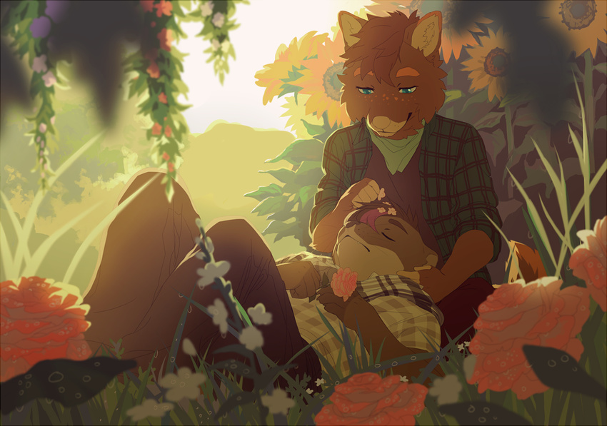 5_fingers akitamonster anthro blue_eyes brown_fur brown_hair canine clothed clothing day duo flower fur grass hair kneeling lying male mammal mustelid otter outside plant sky sleeping smile white_nose