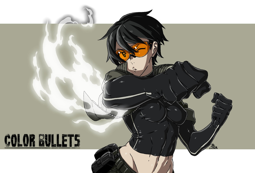 abs black_hair clenched_hands color_bullets danielle_redford_(kamezaemon) elbow_gloves fighting_stance gloves goggles grey_eyes highres jacket kamezaemon navel one_eye_closed open_clothes open_jacket original short_hair simple_background skin_tight solo toned