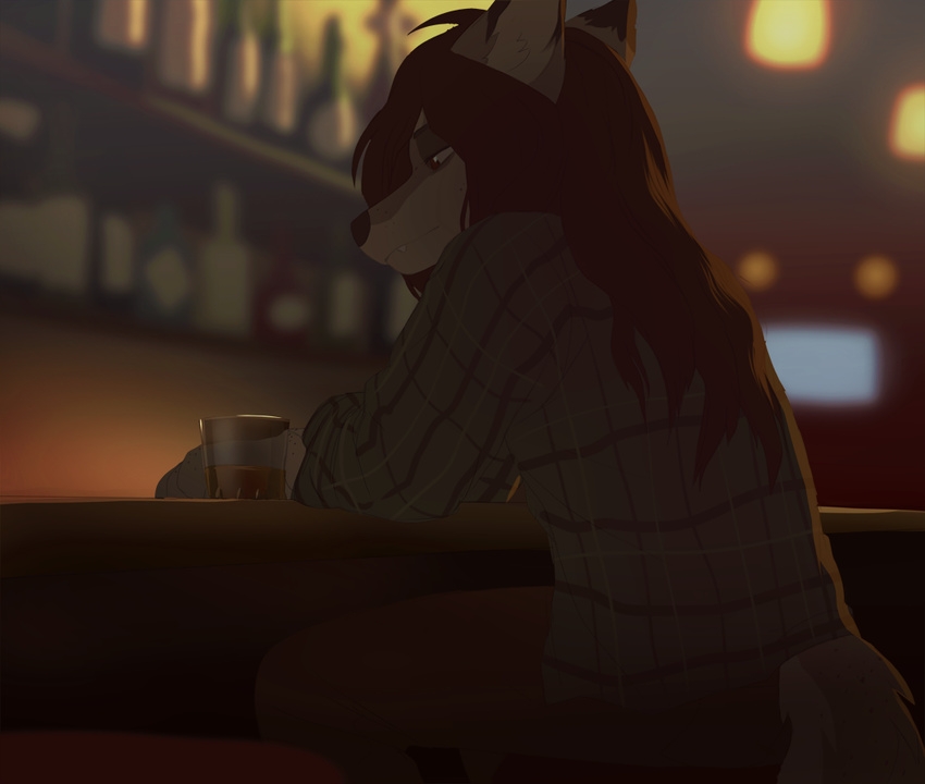 akitamonster anthro bar black_nose brown_eyes brown_hair canine clothed clothing detailed_background dog female hair long_hair mammal sitting solo