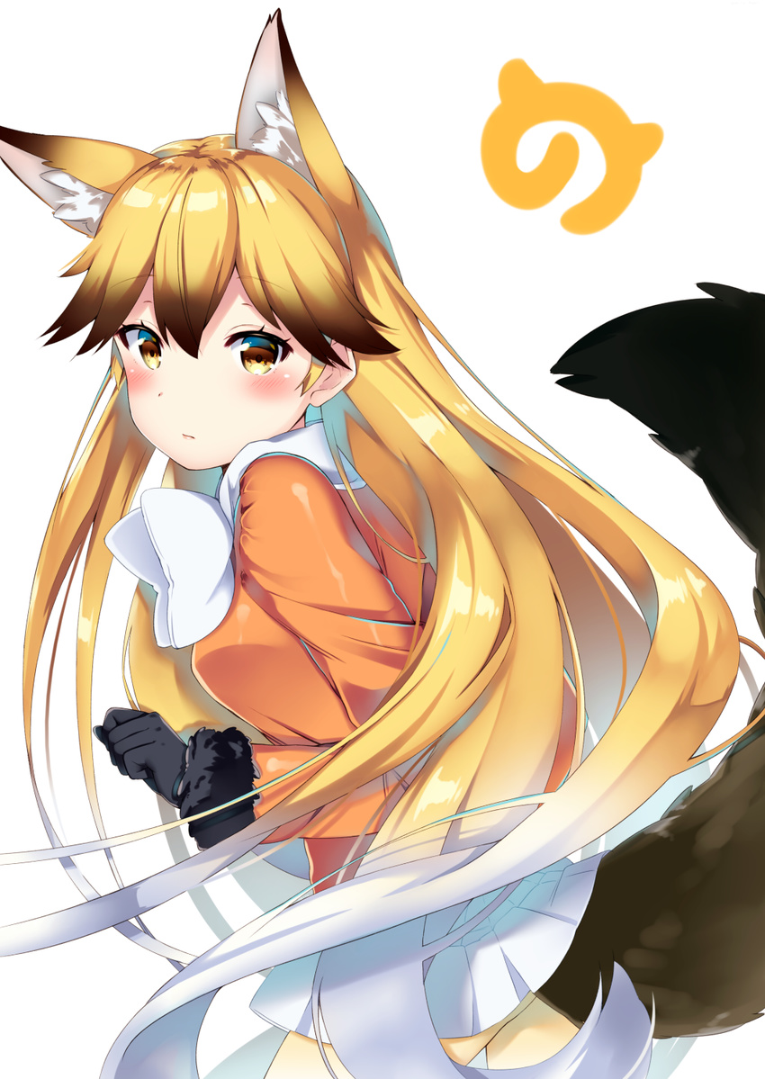 :/ akino_(1i1i1i1i) animal_ears black_gloves blonde_hair blush brown_eyes brown_hair clenched_hand closed_mouth eyebrows_visible_through_hair ezo_red_fox_(kemono_friends) fox_ears fox_tail from_side fur_trim gloves gradient_hair hair_between_eyes highres japari_symbol kemono_friends long_hair looking_to_the_side multicolored_hair orange_coat pantyhose pleated_skirt skirt solo tail white_hair white_skirt yellow_legwear