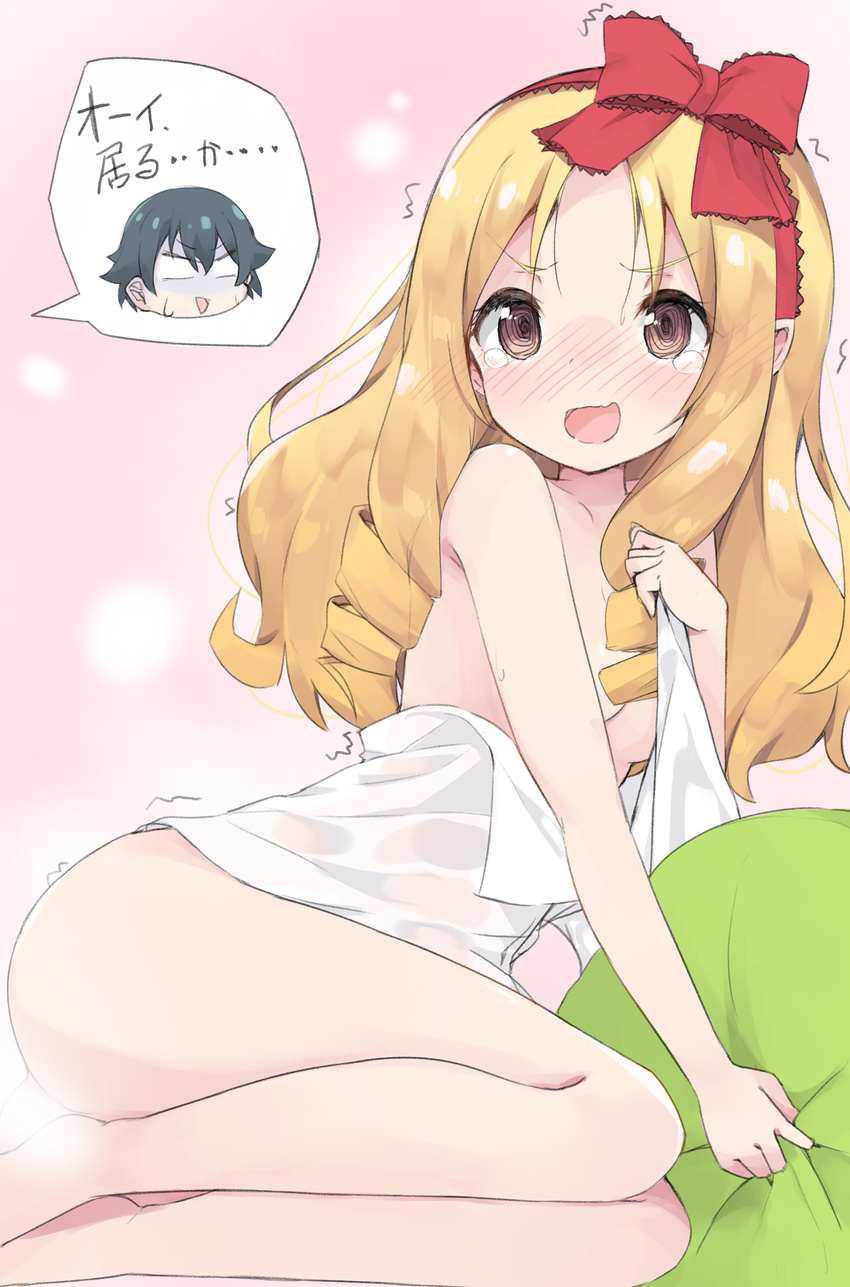 :d =_= @_@ absurdres blonde_hair blush bow breasts brown_eyes commentary_request convenient_censoring doorknoble dress_shirt eromanga_sensei eyebrows_visible_through_hair full-face_blush hair_bow highres izumi_masamune long_hair naked_shirt nervous open_mouth pillow pillow_grab red_bow ringlets shaded_face shirt sitting small_breasts smile solo_focus speech_bubble sweatdrop tears thighs trembling wavy_mouth yamada_elf